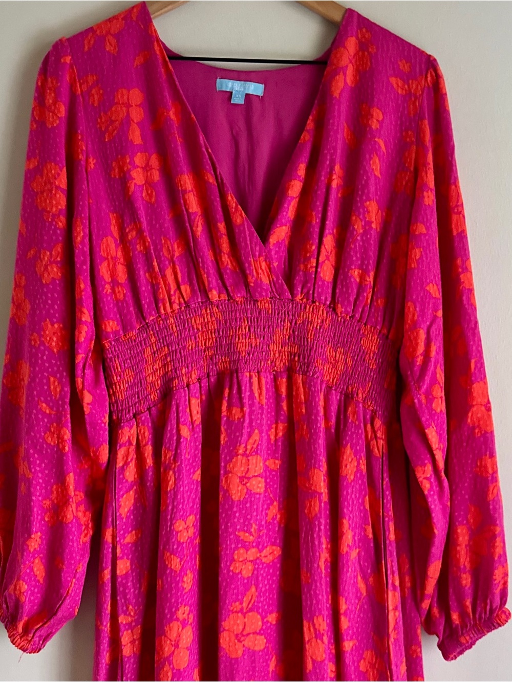 Draper James RSVP Long Sleeve Pink and Orange Floral Cinched Waist Midi Dress - Picture 3 of 8